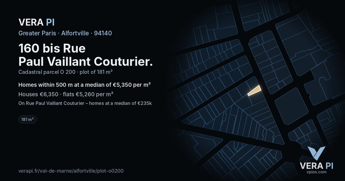 160 bis Rue Paul Vaillant Couturier, Alfortville at night – the plot lit, the parcels around coloured by the prices near them