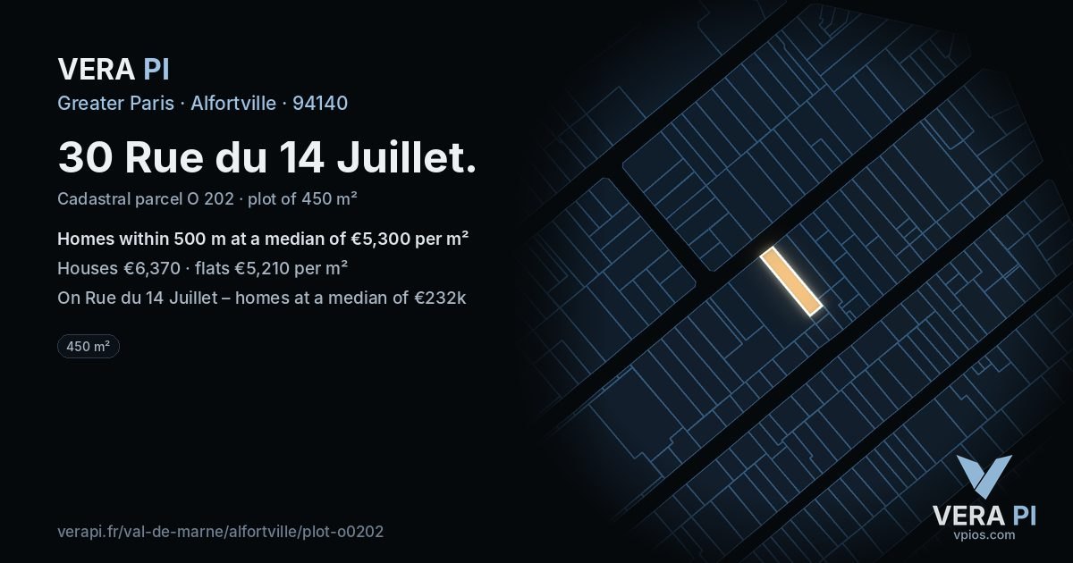30 Rue du 14 Juillet, Alfortville at night – the plot lit, the parcels around coloured by the prices near them