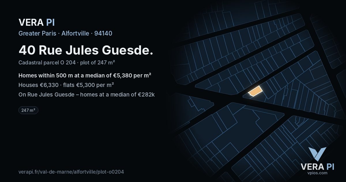 40 Rue Jules Guesde, Alfortville at night – the plot lit, the parcels around coloured by the prices near them