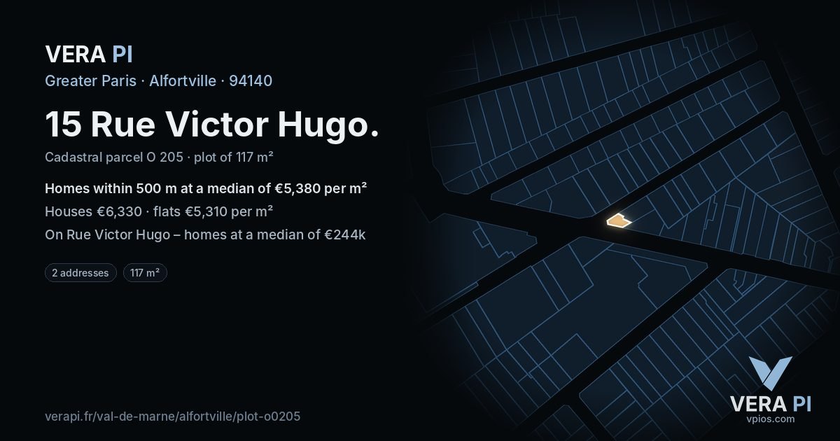 15 Rue Victor Hugo, Alfortville at night – the plot lit, the parcels around coloured by the prices near them