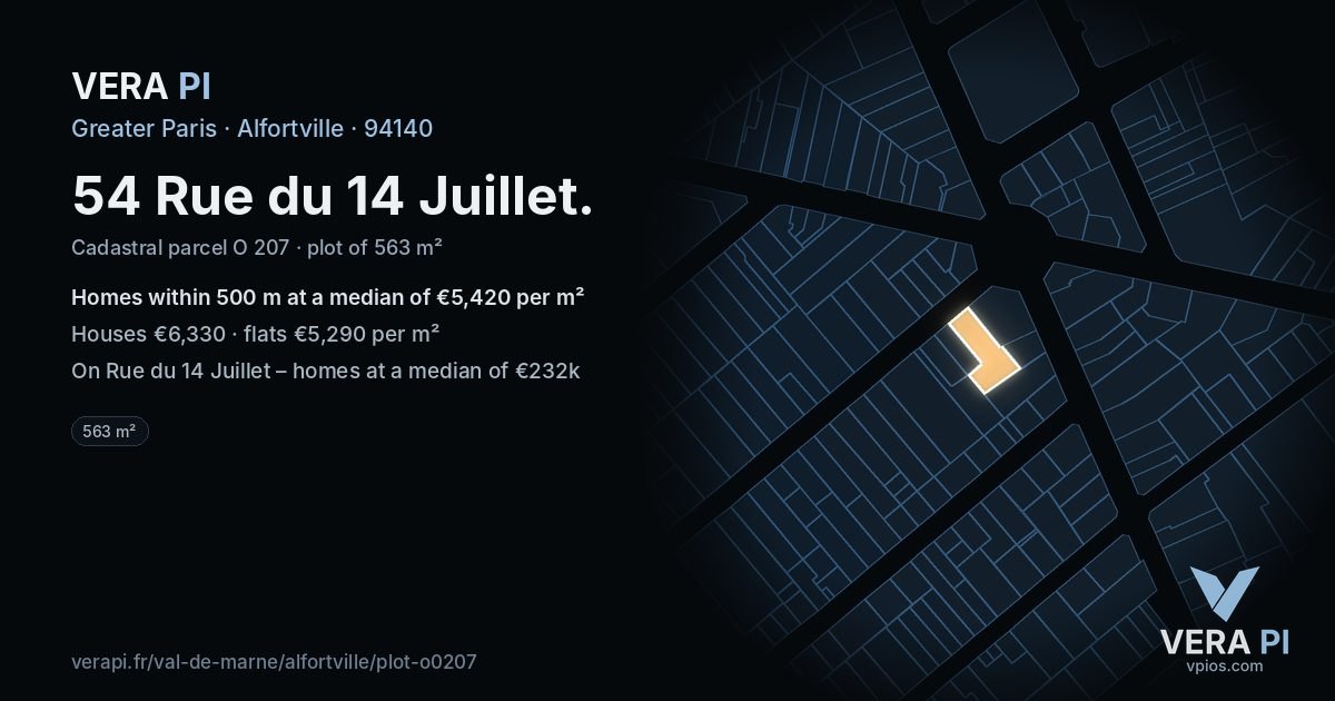 54 Rue du 14 Juillet, Alfortville at night – the plot lit, the parcels around coloured by the prices near them