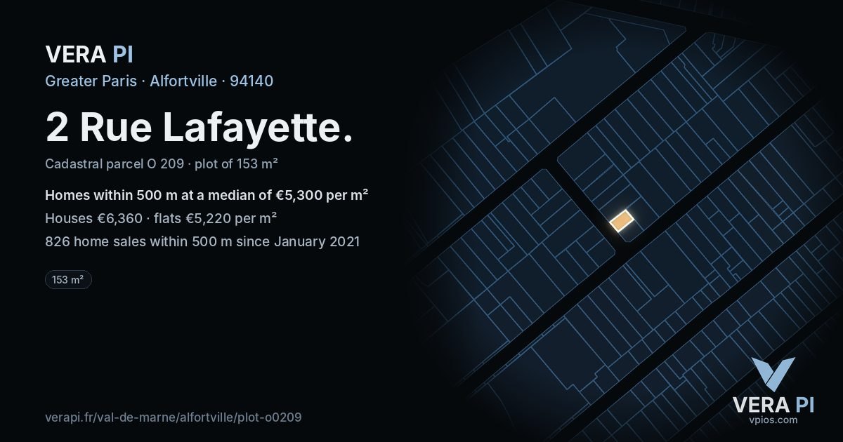 2 Rue Lafayette, Alfortville at night – the plot lit, the parcels around coloured by the prices near them