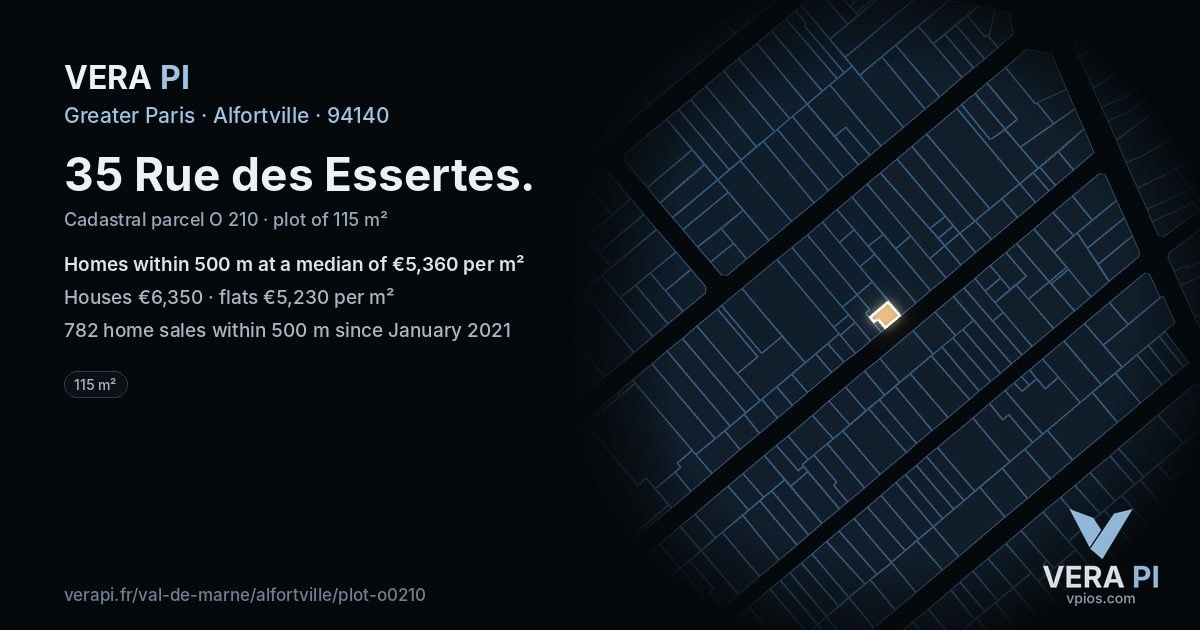 35 Rue des Essertes, Alfortville at night – the plot lit, the parcels around coloured by the prices near them
