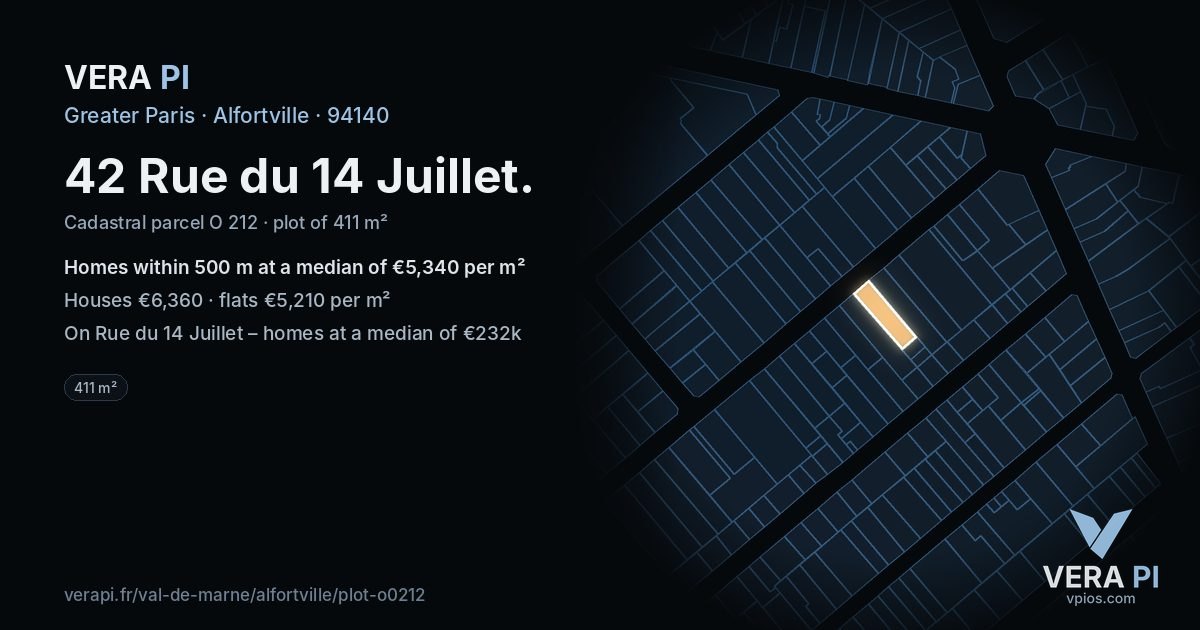 42 Rue du 14 Juillet, Alfortville at night – the plot lit, the parcels around coloured by the prices near them
