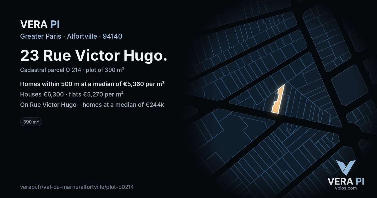 23 Rue Victor Hugo, Alfortville at night – the plot lit, the parcels around coloured by the prices near them