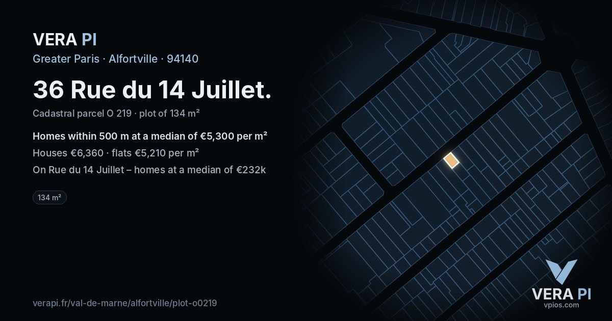 36 Rue du 14 Juillet, Alfortville at night – the plot lit, the parcels around coloured by the prices near them