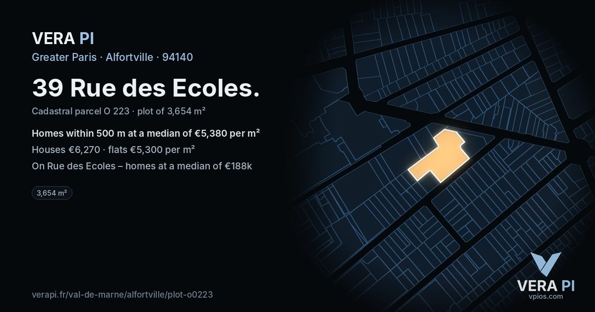 39 Rue des Ecoles, Alfortville at night – the plot lit, the parcels around coloured by the prices near them