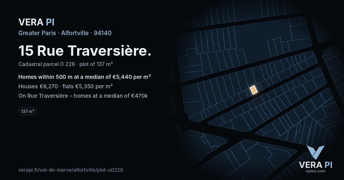 15 Rue Traversière, Alfortville at night – the plot lit, the parcels around coloured by the prices near them