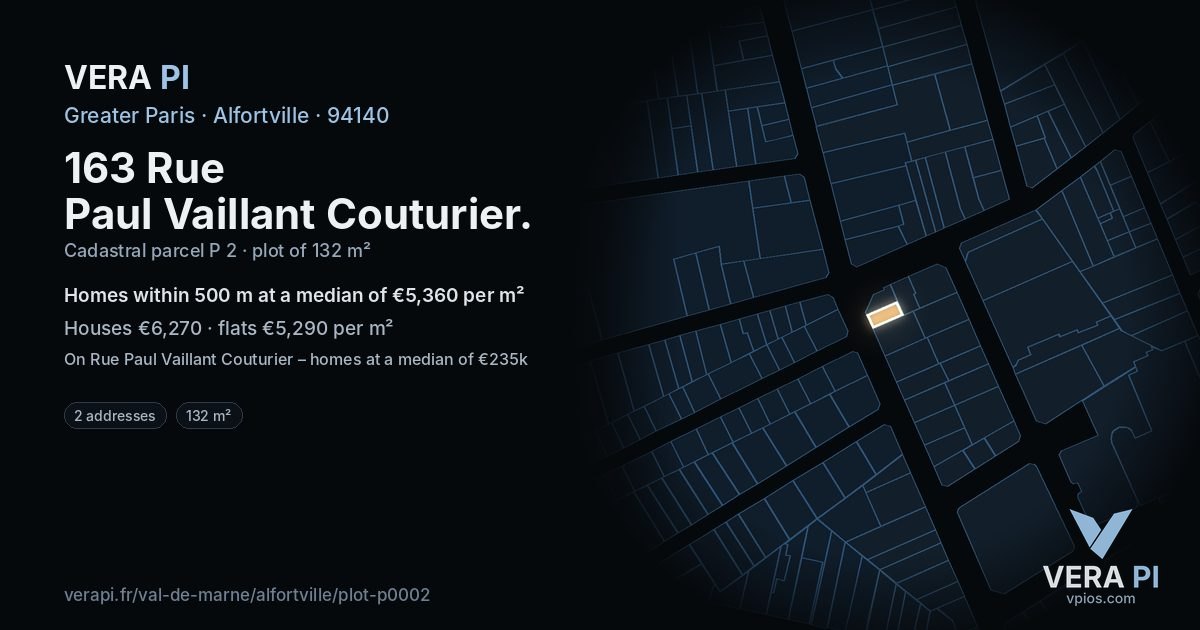 163 Rue Paul Vaillant Couturier, Alfortville at night – the plot lit, the parcels around coloured by the prices near them