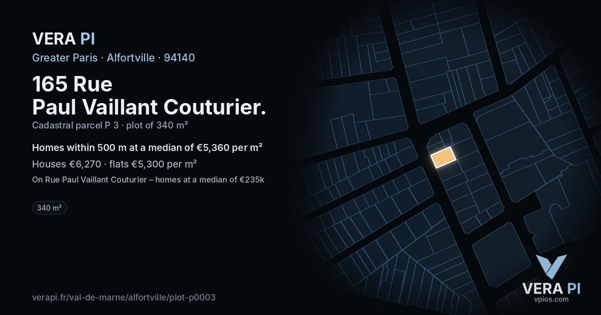 165 Rue Paul Vaillant Couturier, Alfortville at night – the plot lit, the parcels around coloured by the prices near them