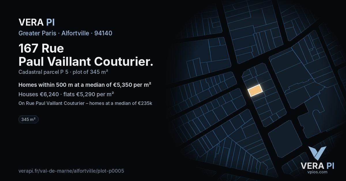 167 Rue Paul Vaillant Couturier, Alfortville at night – the plot lit, the parcels around coloured by the prices near them