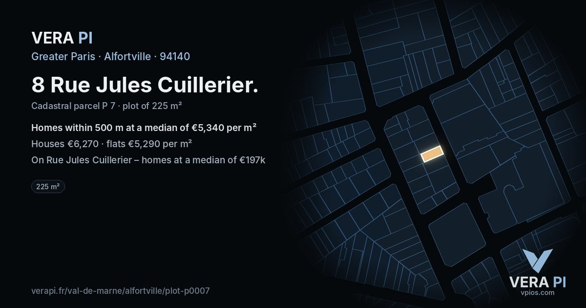 8 Rue Jules Cuillerier, Alfortville at night – the plot lit, the parcels around coloured by the prices near them