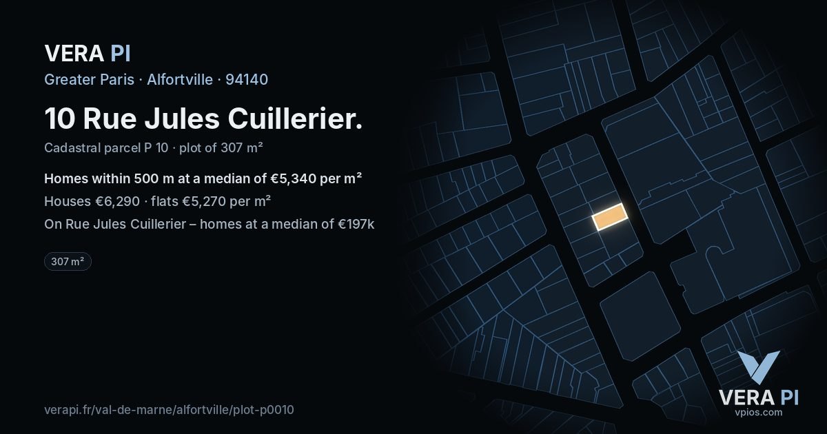 10 Rue Jules Cuillerier, Alfortville at night – the plot lit, the parcels around coloured by the prices near them