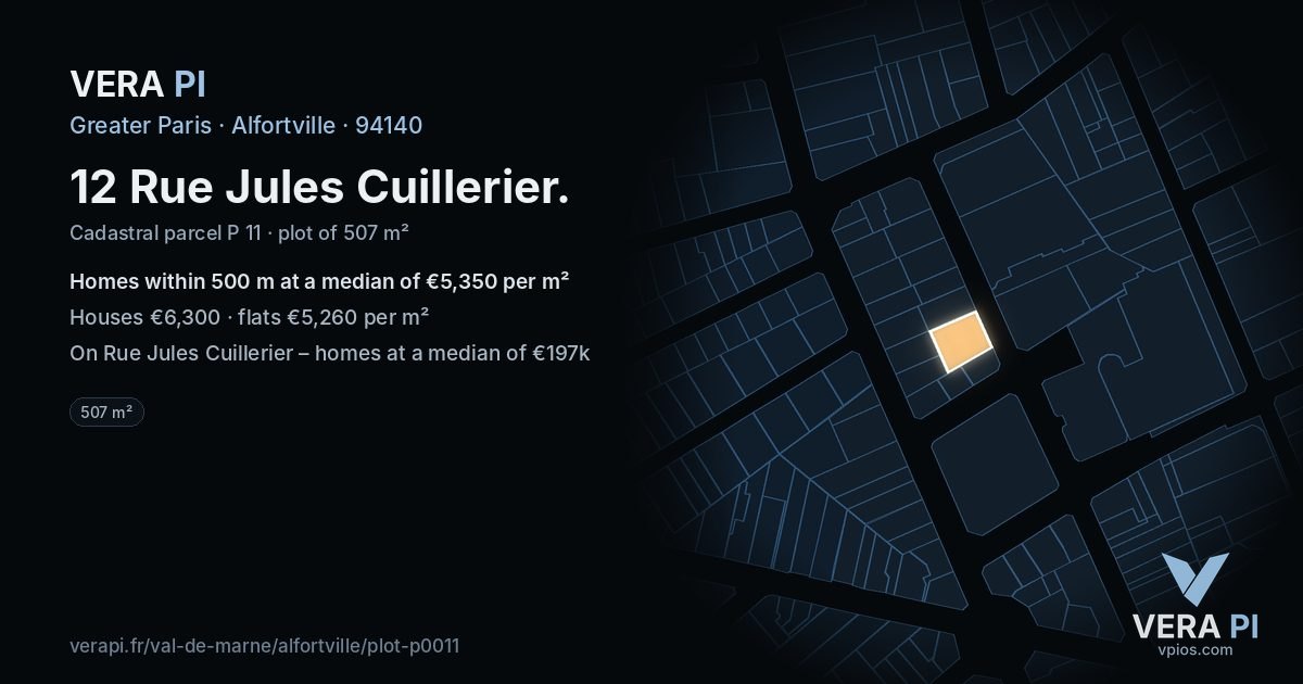 12 Rue Jules Cuillerier, Alfortville at night – the plot lit, the parcels around coloured by the prices near them