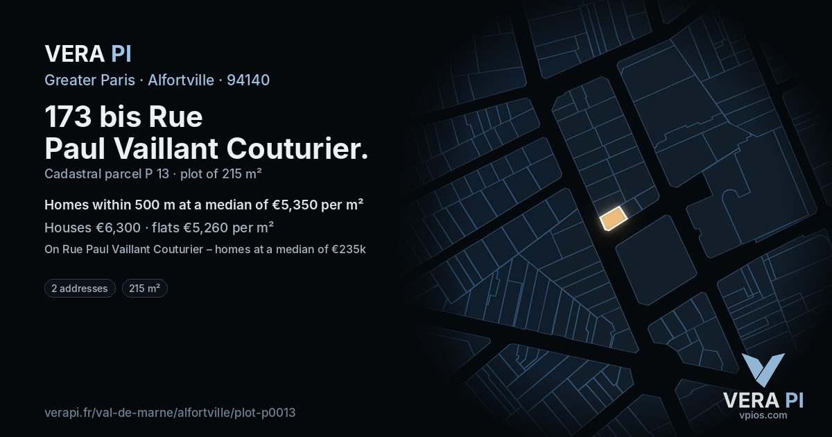 173 bis Rue Paul Vaillant Couturier, Alfortville at night – the plot lit, the parcels around coloured by the prices near them