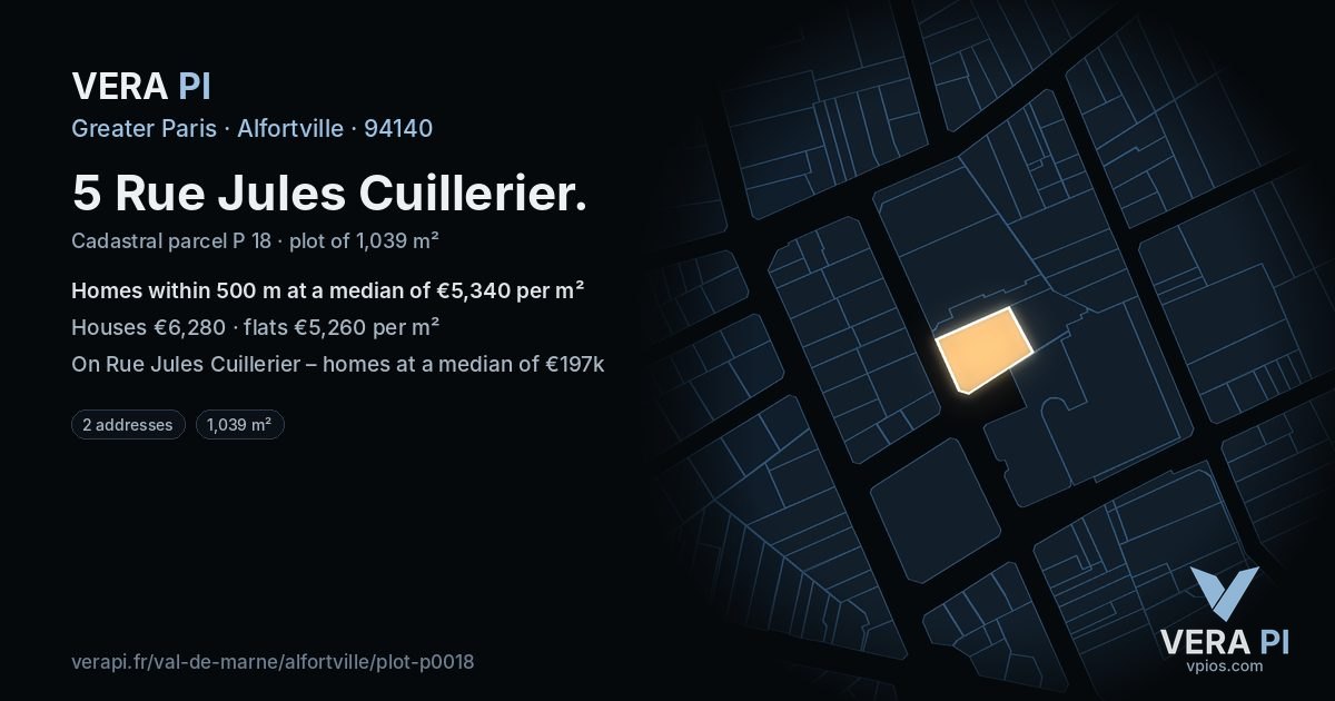 5 Rue Jules Cuillerier, Alfortville at night – the plot lit, the parcels around coloured by the prices near them