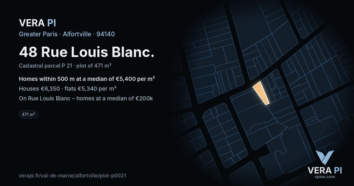 48 Rue Louis Blanc, Alfortville at night – the plot lit, the parcels around coloured by the prices near them