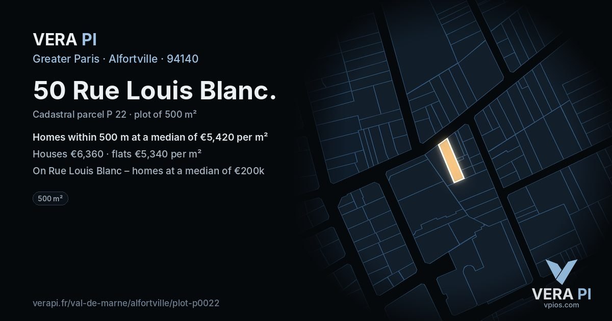 50 Rue Louis Blanc, Alfortville at night – the plot lit, the parcels around coloured by the prices near them