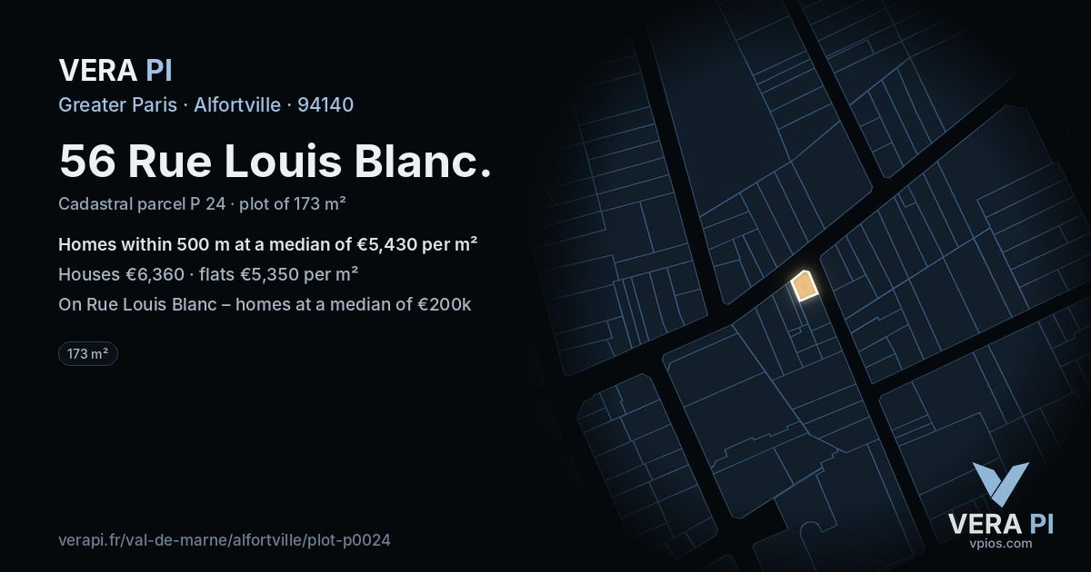 56 Rue Louis Blanc, Alfortville at night – the plot lit, the parcels around coloured by the prices near them