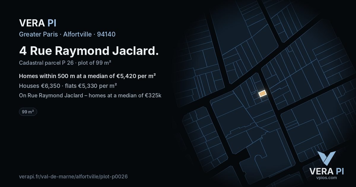 4 Rue Raymond Jaclard, Alfortville at night – the plot lit, the parcels around coloured by the prices near them