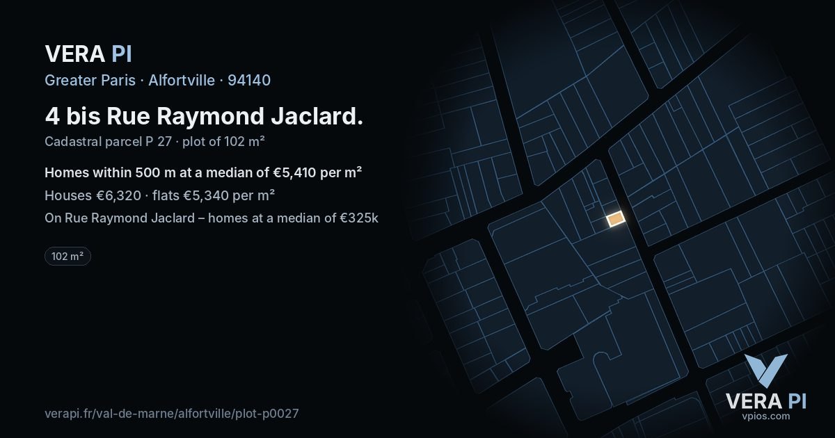 4 bis Rue Raymond Jaclard, Alfortville at night – the plot lit, the parcels around coloured by the prices near them