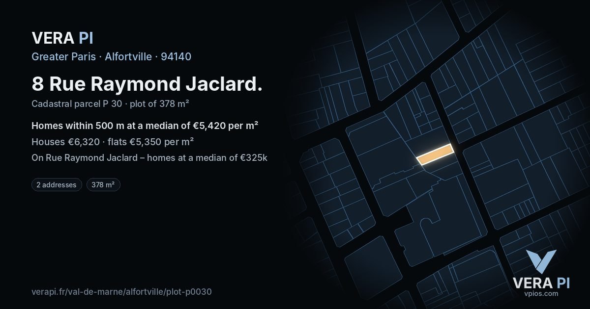 8 Rue Raymond Jaclard, Alfortville at night – the plot lit, the parcels around coloured by the prices near them