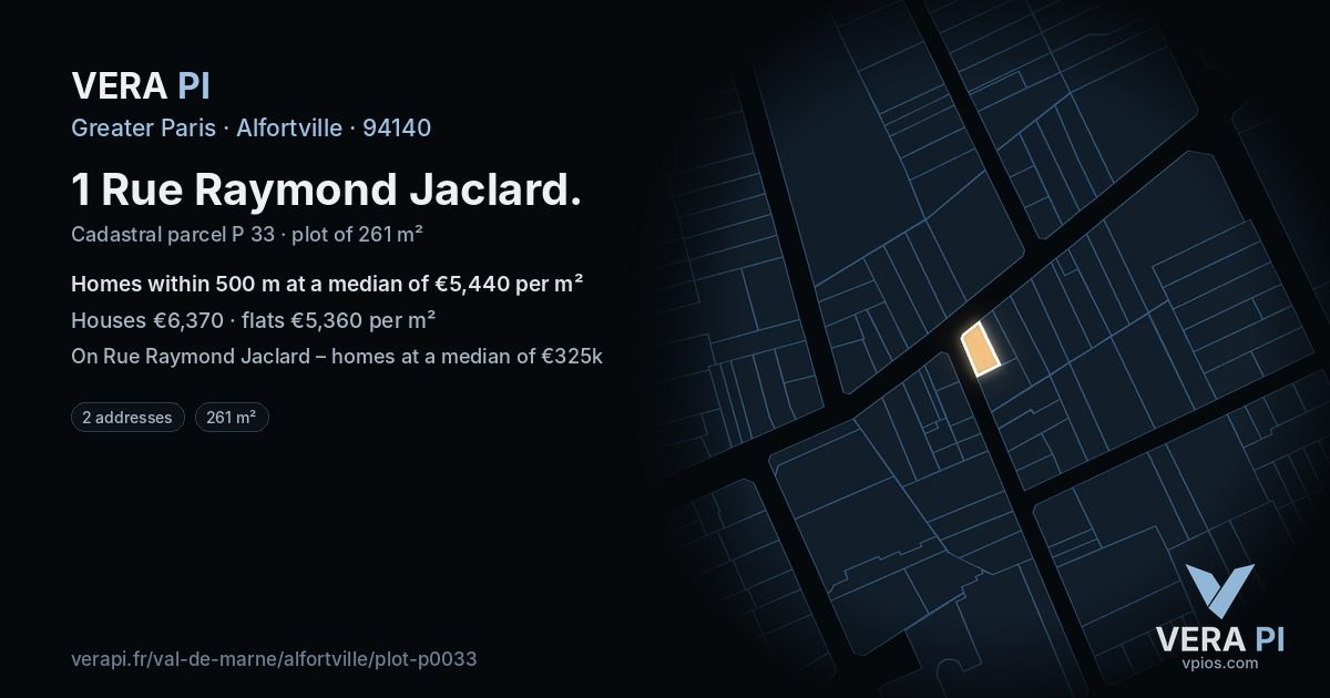 1 Rue Raymond Jaclard, Alfortville at night – the plot lit, the parcels around coloured by the prices near them