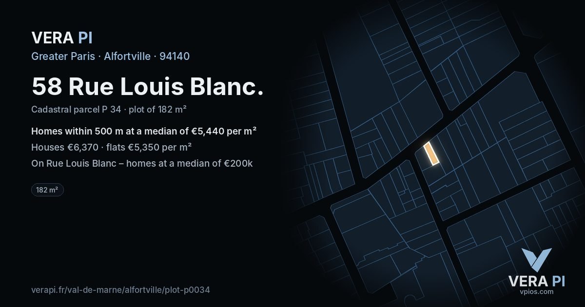58 Rue Louis Blanc, Alfortville at night – the plot lit, the parcels around coloured by the prices near them
