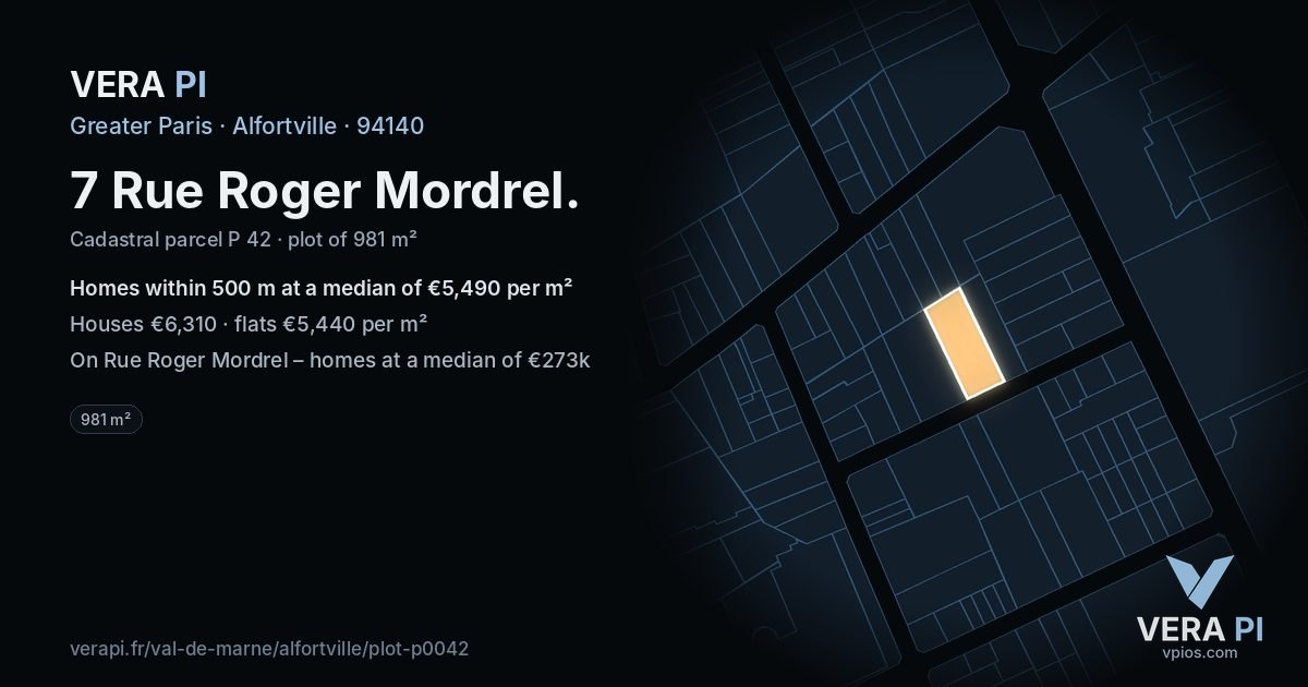 7 Rue Roger Mordrel, Alfortville at night – the plot lit, the parcels around coloured by the prices near them