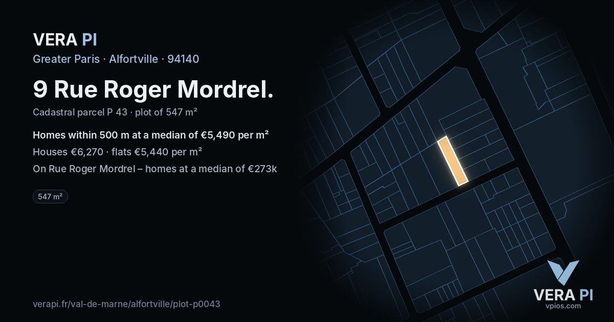9 Rue Roger Mordrel, Alfortville at night – the plot lit, the parcels around coloured by the prices near them