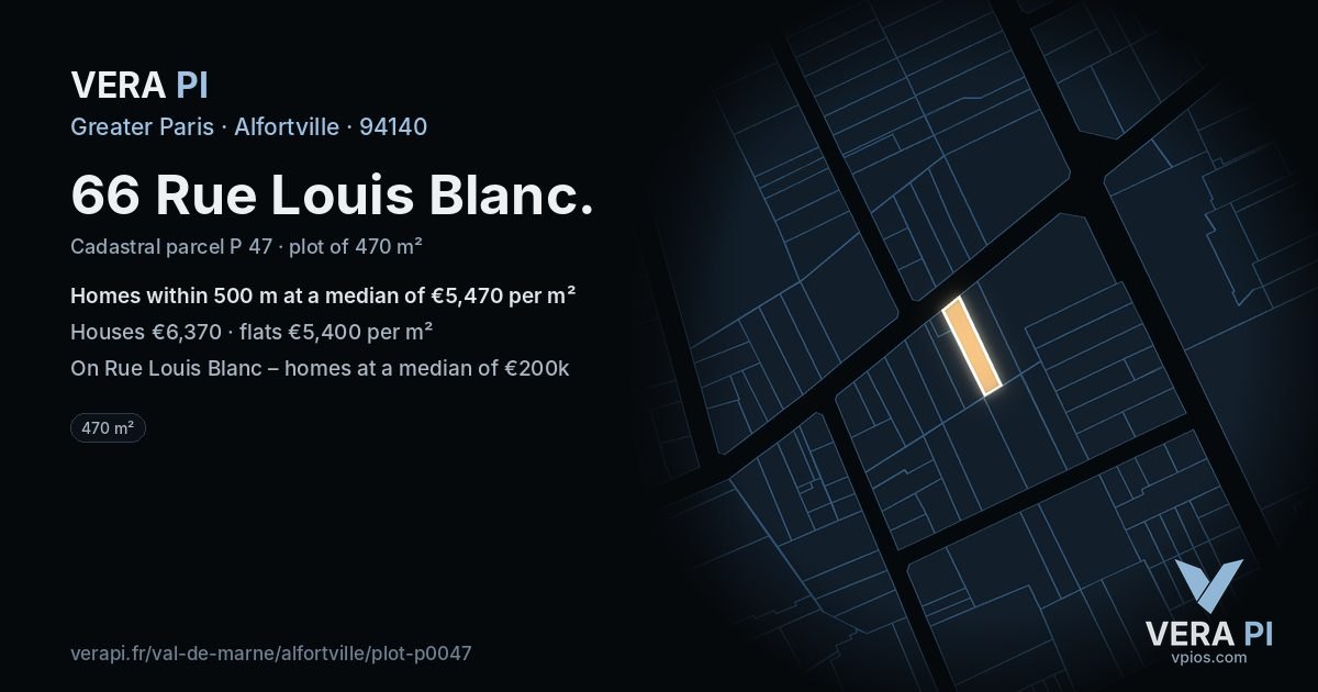 66 Rue Louis Blanc, Alfortville at night – the plot lit, the parcels around coloured by the prices near them