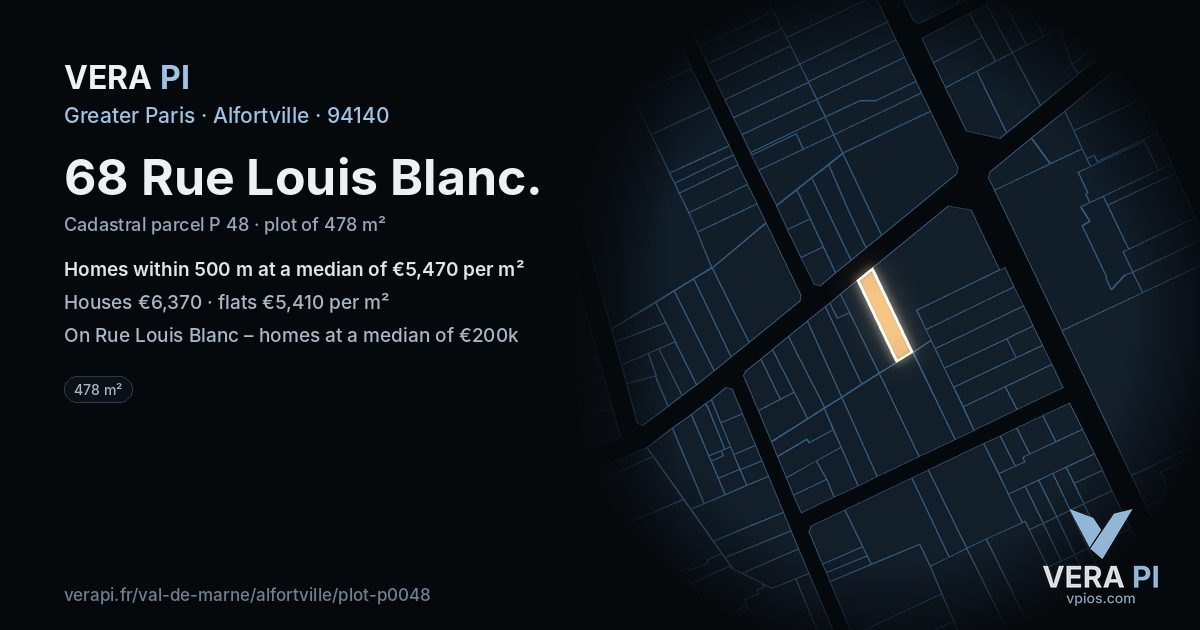 68 Rue Louis Blanc, Alfortville at night – the plot lit, the parcels around coloured by the prices near them