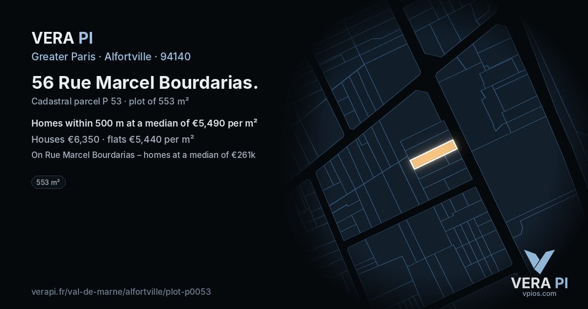 56 Rue Marcel Bourdarias, Alfortville at night – the plot lit, the parcels around coloured by the prices near them