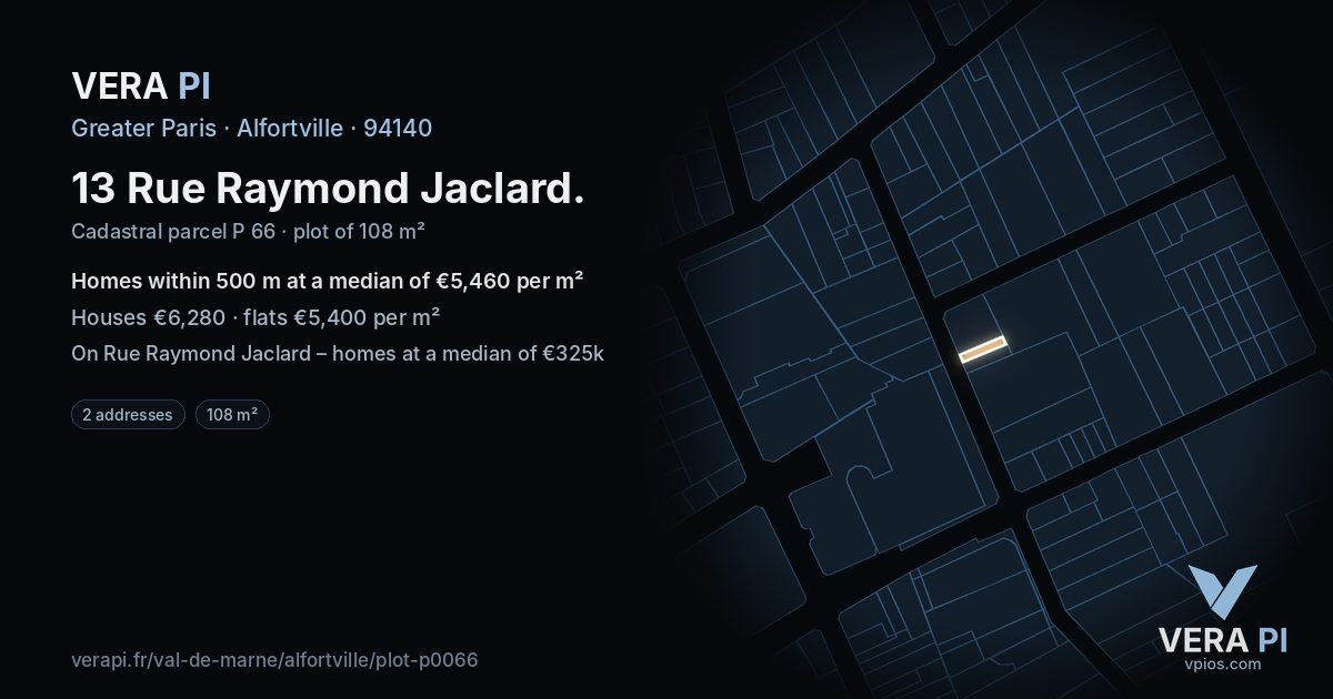 13 Rue Raymond Jaclard, Alfortville at night – the plot lit, the parcels around coloured by the prices near them