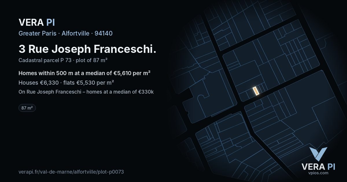 3 Rue Joseph Franceschi, Alfortville at night – the plot lit, the parcels around coloured by the prices near them