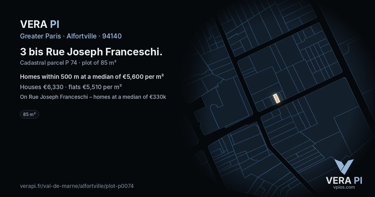 3 bis Rue Joseph Franceschi, Alfortville at night – the plot lit, the parcels around coloured by the prices near them