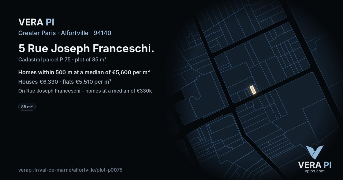 5 Rue Joseph Franceschi, Alfortville at night – the plot lit, the parcels around coloured by the prices near them