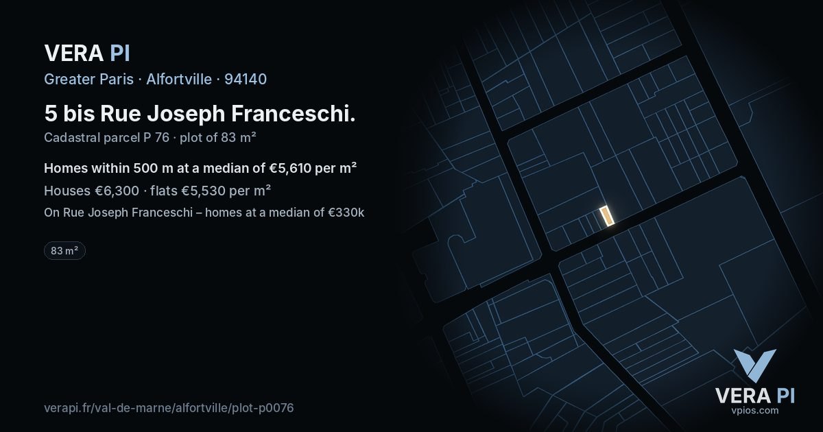5 bis Rue Joseph Franceschi, Alfortville at night – the plot lit, the parcels around coloured by the prices near them