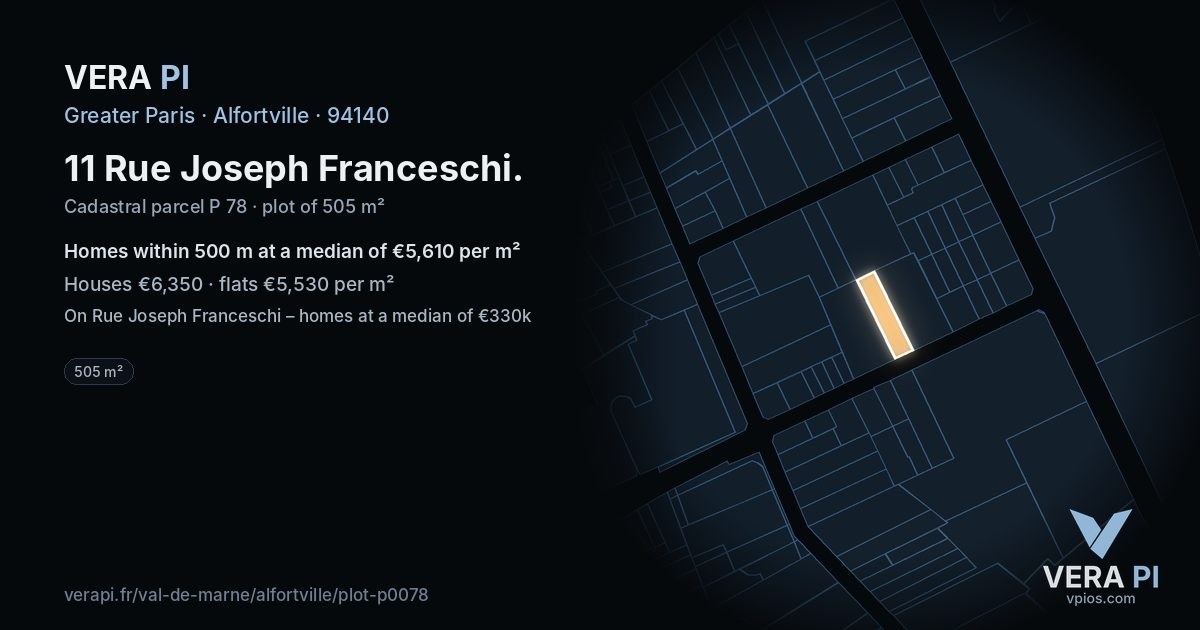 11 Rue Joseph Franceschi, Alfortville at night – the plot lit, the parcels around coloured by the prices near them