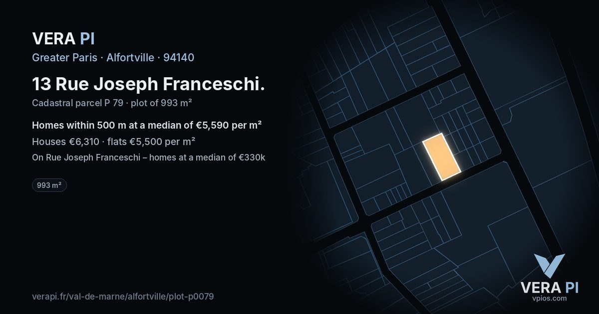 13 Rue Joseph Franceschi, Alfortville at night – the plot lit, the parcels around coloured by the prices near them