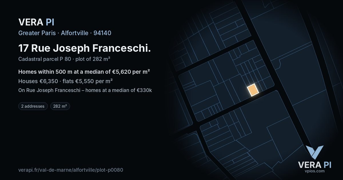 17 Rue Joseph Franceschi, Alfortville at night – the plot lit, the parcels around coloured by the prices near them
