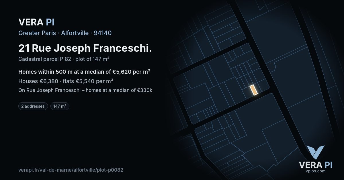 21 Rue Joseph Franceschi, Alfortville at night – the plot lit, the parcels around coloured by the prices near them