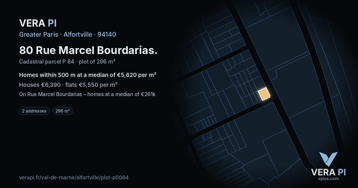 80 Rue Marcel Bourdarias, Alfortville at night – the plot lit, the parcels around coloured by the prices near them