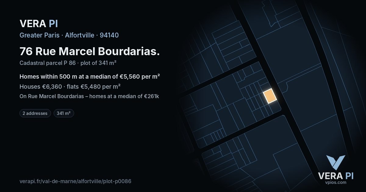 76 Rue Marcel Bourdarias, Alfortville at night – the plot lit, the parcels around coloured by the prices near them
