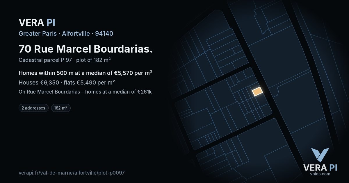 70 Rue Marcel Bourdarias, Alfortville at night – the plot lit, the parcels around coloured by the prices near them