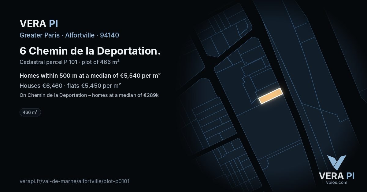 6 Chemin de la Deportation, Alfortville at night – the plot lit, the parcels around coloured by the prices near them