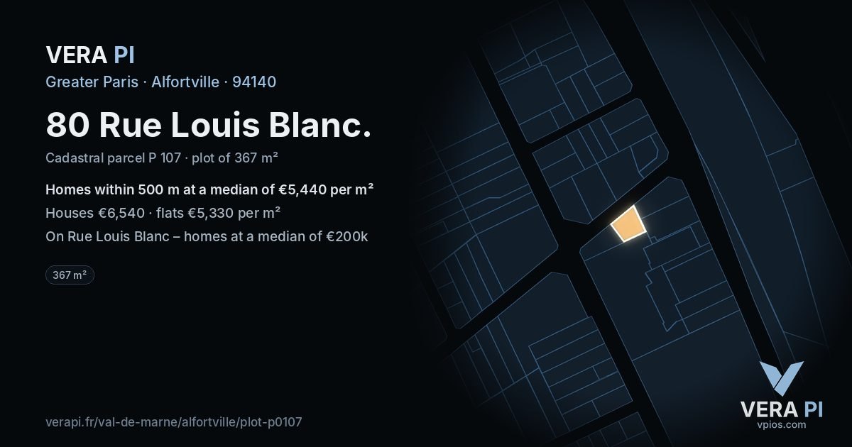 80 Rue Louis Blanc, Alfortville at night – the plot lit, the parcels around coloured by the prices near them