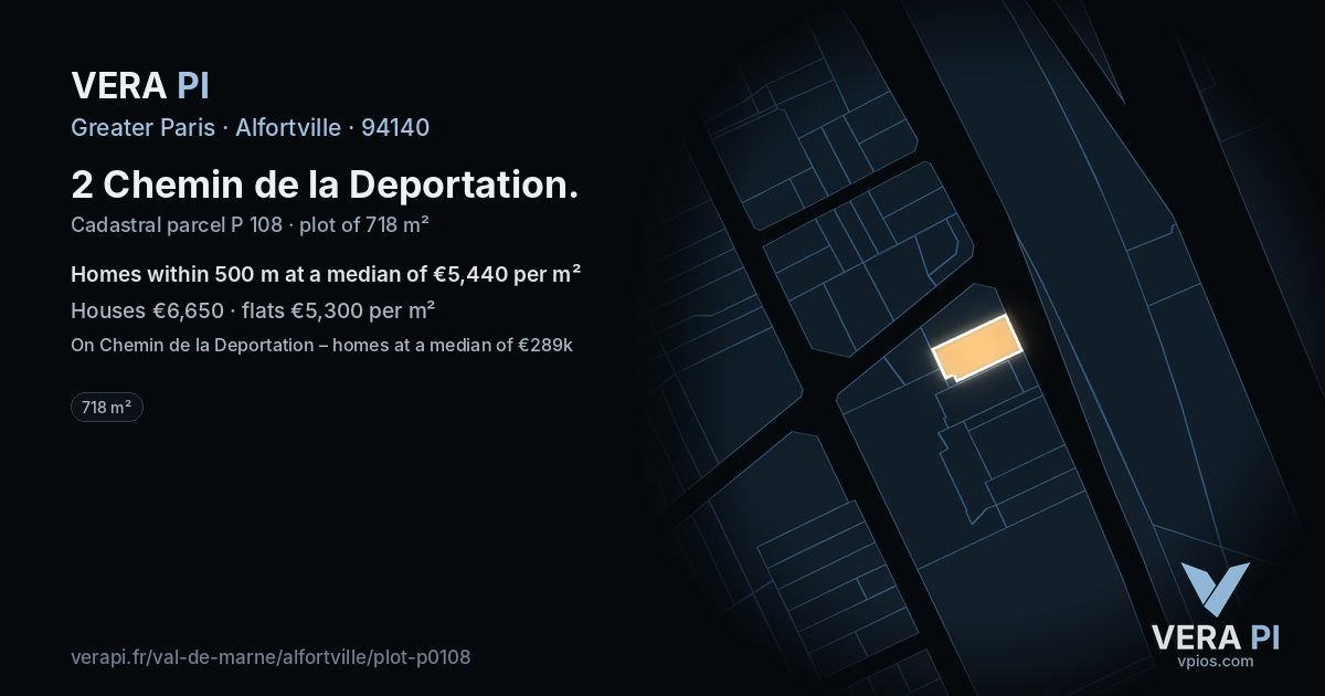 2 Chemin de la Deportation, Alfortville at night – the plot lit, the parcels around coloured by the prices near them