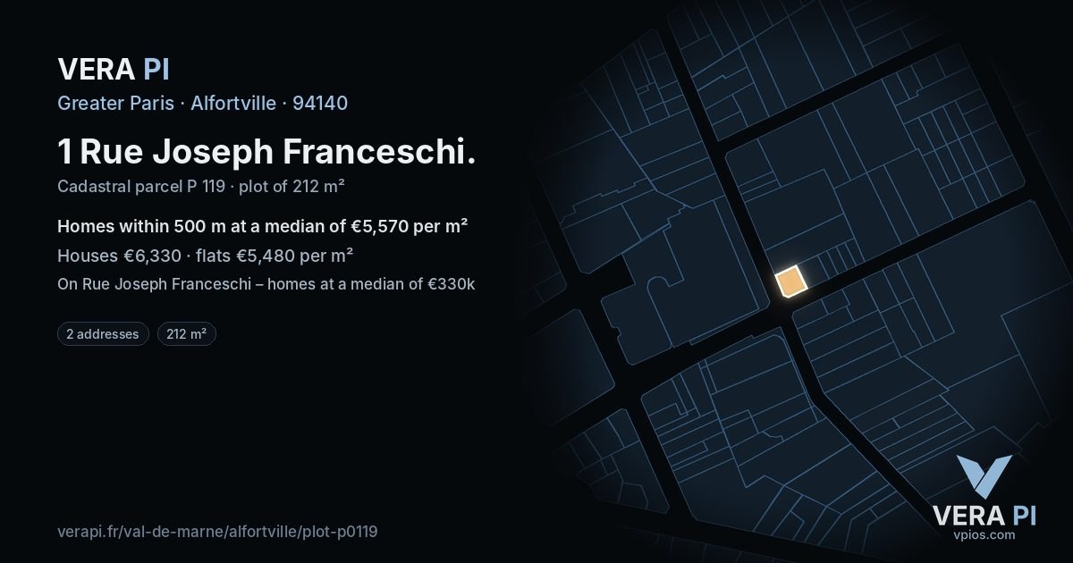1 Rue Joseph Franceschi, Alfortville at night – the plot lit, the parcels around coloured by the prices near them
