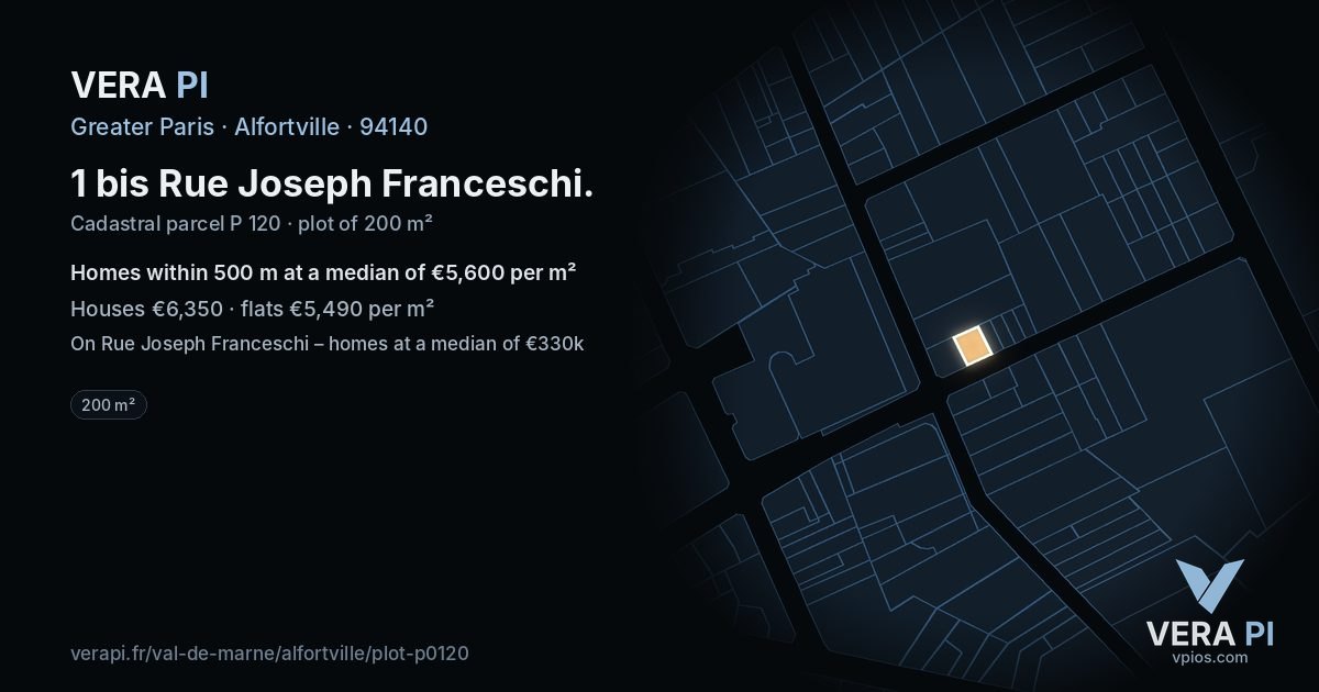 1 bis Rue Joseph Franceschi, Alfortville at night – the plot lit, the parcels around coloured by the prices near them